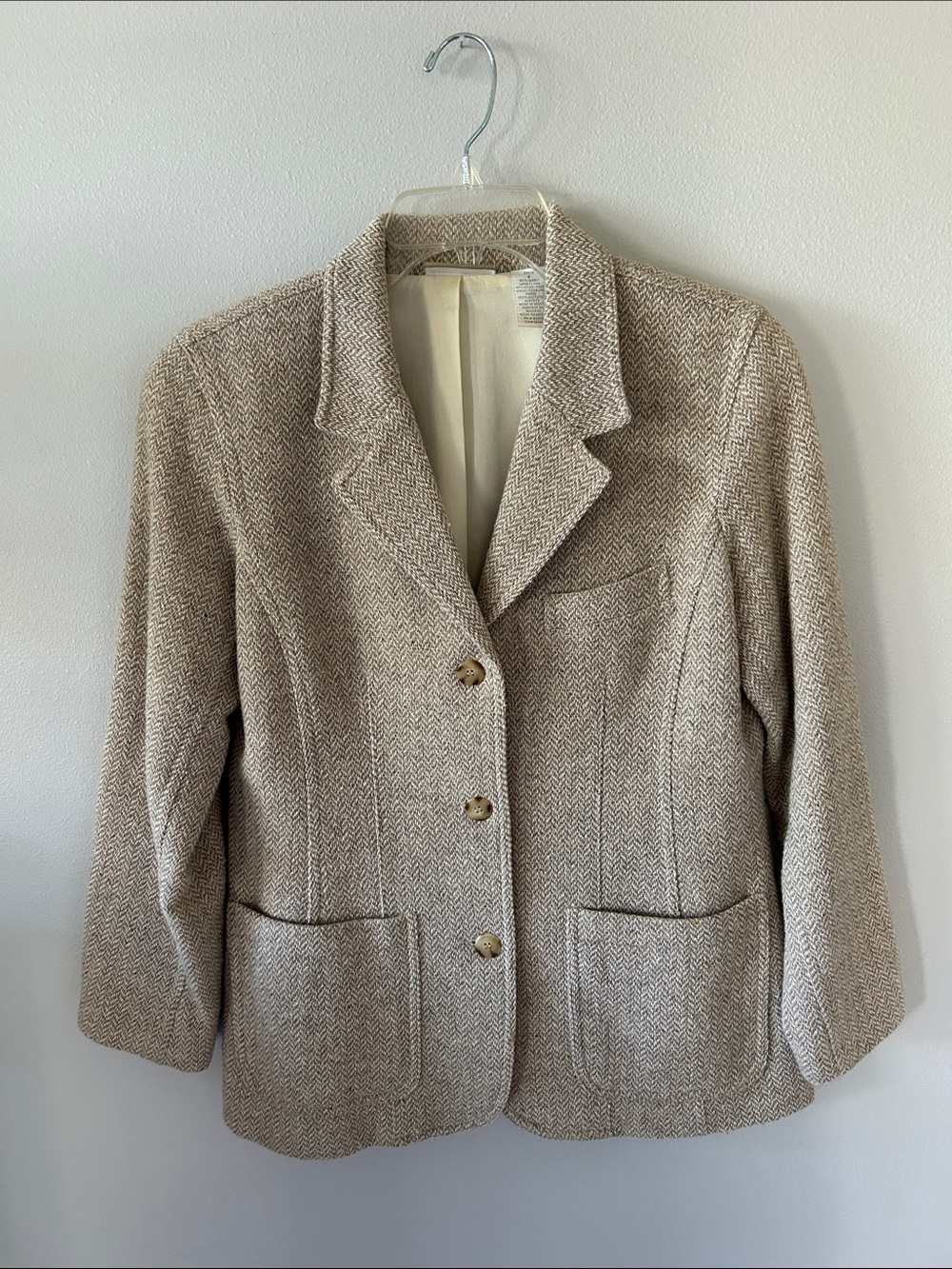 Vintage 80s/90s Liz Claiborne Liz Wear Wool Beige Herringbone Blazer SZ 6 Petite